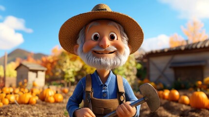 A cheerful animated farmer holding a tool in a pumpkin patch with a bright blue sky.