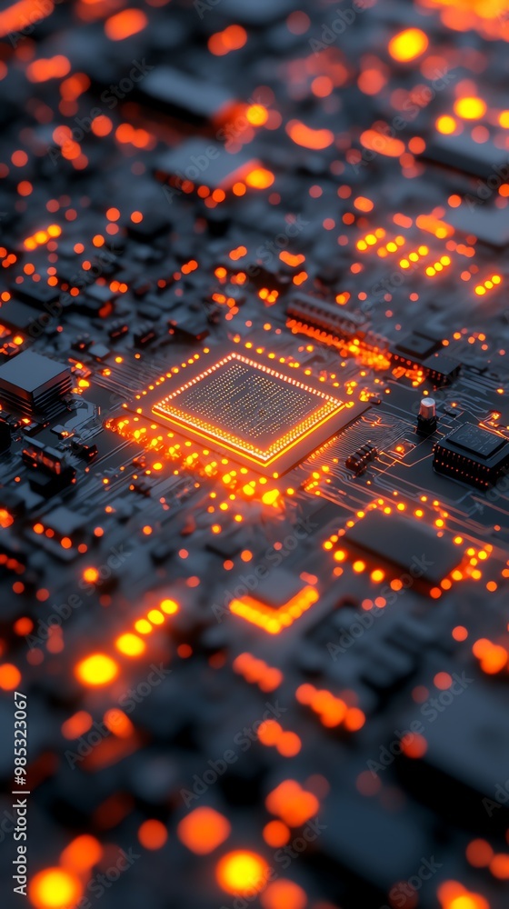 Aufkleber Close-up view of a glowing microprocessor on a circuit board.