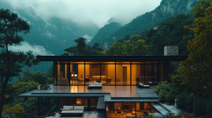 A modern cube home with floor-to-ceiling glass walls and black steel frames, nestled against a misty mountain range, illuminated by soft morning light, Realistic, Photography