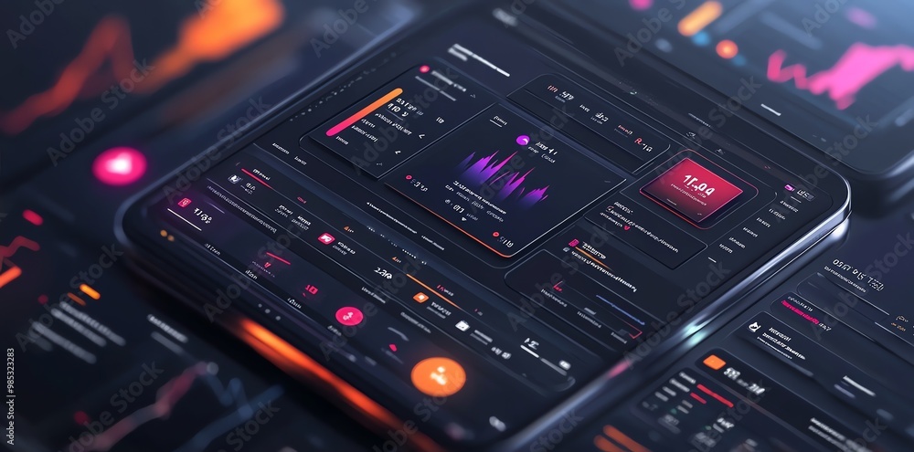 Fototapete closeup of a futuristic dark themed interface with graphs, charts and numbers.