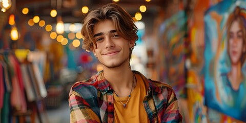 Obraz premium Male artist painting happily in his studio