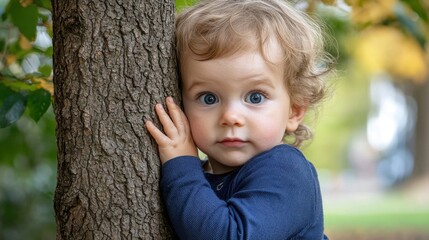 A curious child with curly hair peeking from behind a tree, surrounded by autumn foliage, expressing innocence and wonder.