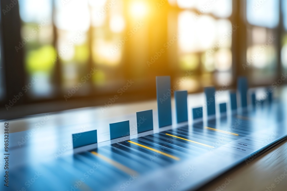 Poster Closeup of bar graph with yellow and blue lines showing upward trend on paper document against a bright sunny window background.