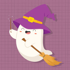 Cute Halloween witch ghost holding a wand and a broomstick character vector