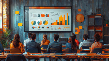 A group of people in a meeting looking at a presentation with colorful graphs.