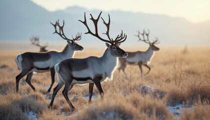 Naklejka premium Reindeer herd walking on a grassy field, wildlife in the arctic tundra, beautiful animals, mammal