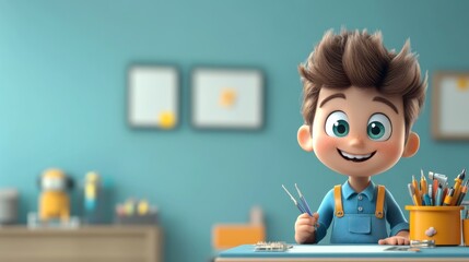 A cheerful animated boy holding scissors in a colorful workspace.
