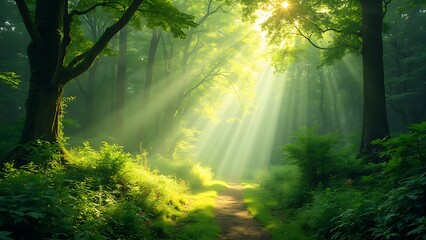Fototapeta premium A lush green forest with sunlight streaming through the trees, creating a magical and serene atmosphere. The vibrant greenery and dappled light highlight the beauty of nature.