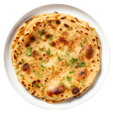 Indian aloo paratha top view isolated on transparent white background, clipping path
