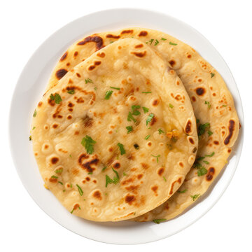 Indian aloo paratha top view isolated on transparent white background, clipping path