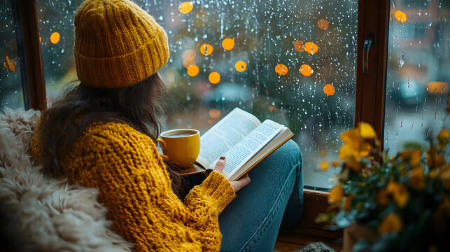 A person enjoying a cup of coffee while reading a book in a cozy cafe, the rain gently pattering against the window, creating a peaceful atmosphere