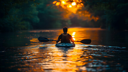 A person kayaking on a calm river at dusk, the water reflecting the hues of the sunset and the paddles creating gentle ripples in the water