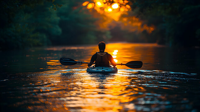 A person kayaking on a calm river at dusk, the water reflecting the hues of the sunset and the paddles creating gentle ripples in the water