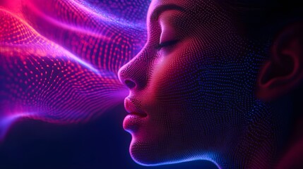 Woman dreaming, digital neural pathways surrounding her in holographic waves, symbolizing cognitive empowerment, vibrant neon lights, ethereal, futuristic, 3D rendering