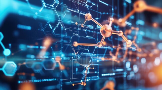 Abstract representation of drug molecules and chemical structures on a digital display