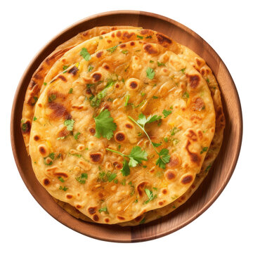 Indian aloo paratha top view isolated on transparent white background, clipping path