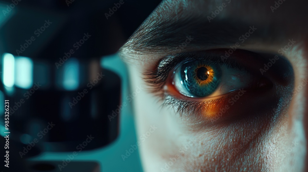 Aufkleber close-up of a scientist eye through a microscope, highlighting the intricate details of the lab envi