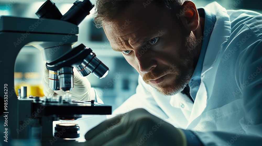 Aufkleber close-up of a scientist face and hands working with a microscope, emphasizing the detailed nature of