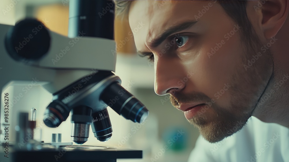 Poster close-up of a scientist face and microscope in a clean lab, showcasing the precision and clarity of 