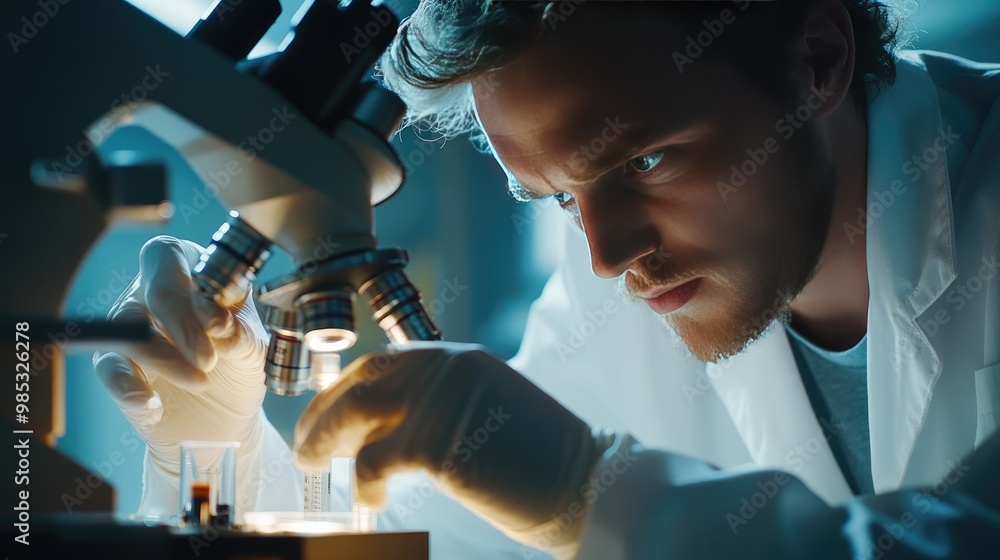 Poster close-up of a scientist face and hands working with a microscope, emphasizing the lab environment an