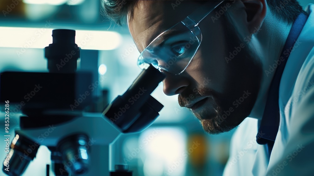Poster close-up of a scientist adjusting the microscope with precision, showcasing the clarity of the lab e