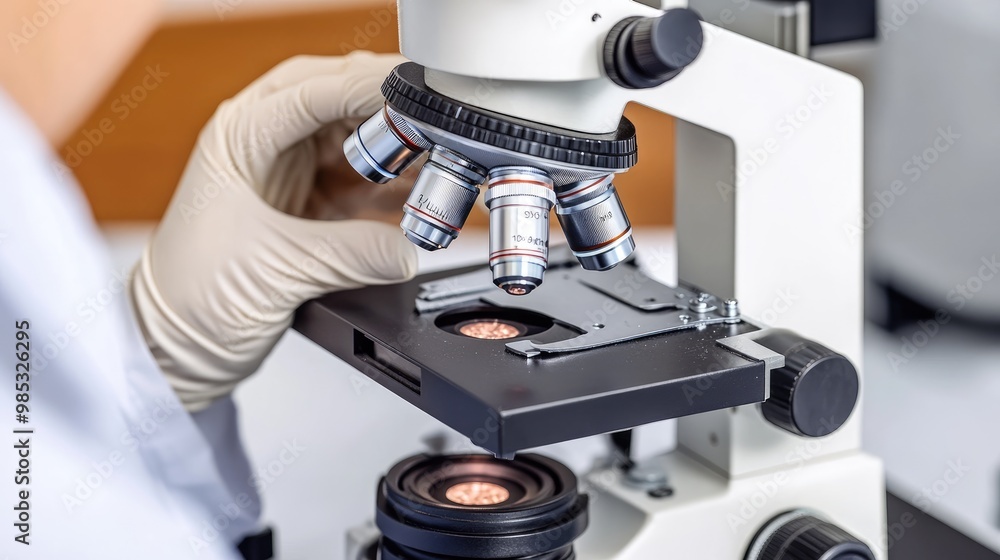 Poster close-up of a scientist using a microscope to examine a sample, with emphasis on the equipment and l