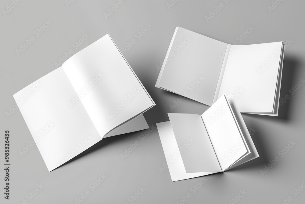 Poster Blank brochures on grey background in top view. Open and closed brochures for design mock-up. Empty booklets and business documents for corporate branding and marketing