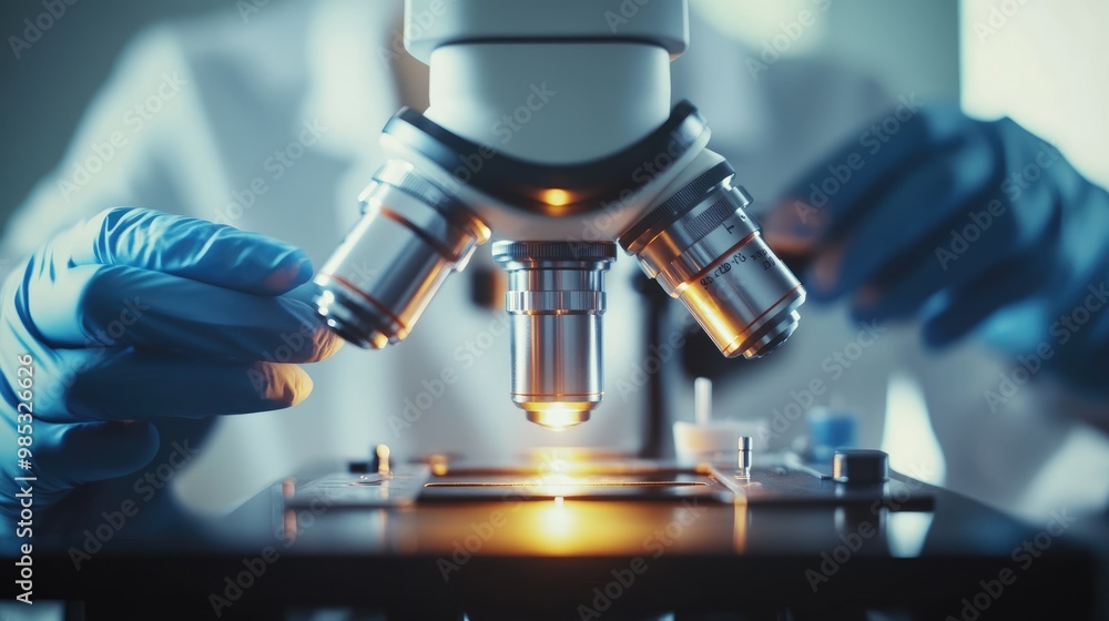 Poster detailed view of a researcher adjusting the microscope with precision, showcasing the clean and mode