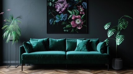 Modern living room interior with dark green sofa and contemporary floral painting AI generated image