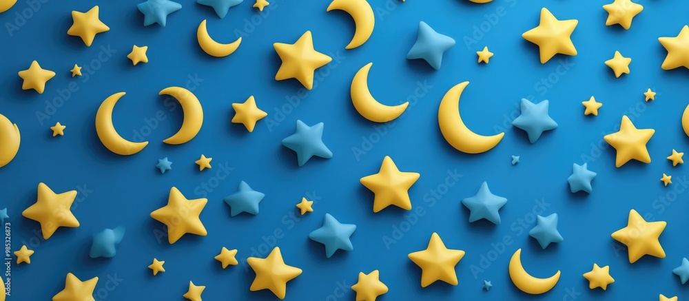 Poster 3d rendering of a pattern featuring yellow stars and crescent moons arranged flat against a blue bac