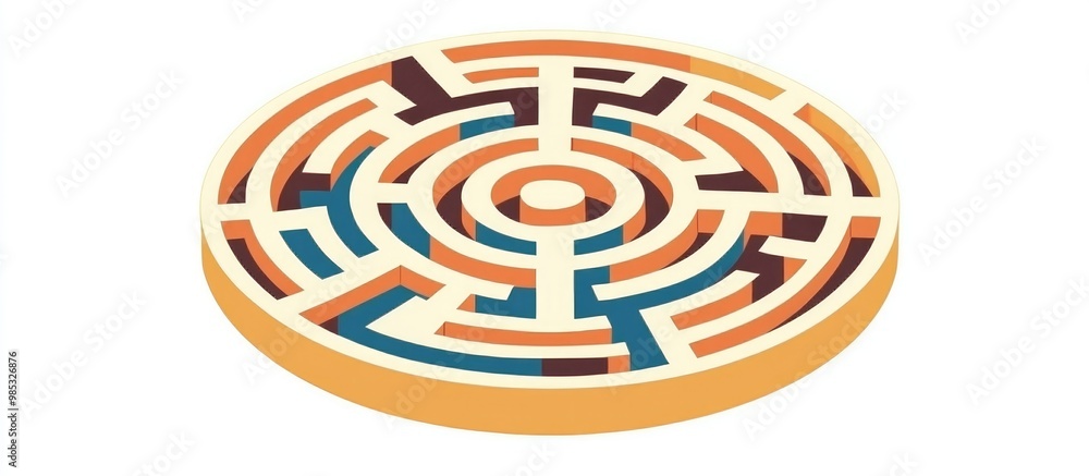 Poster round maze designed for children puzzle featuring six entrances and one exit simple labyrinth illust