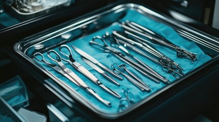 High-resolution image of a hospital surgical instruments neatly arranged on a sterile tray