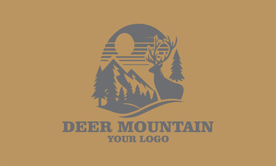 Deer logo with mountains, trees, sun, and text Deer Mountain for branding. Ideal for outdoor, vektor, background, adventure, or wildlifethemed businesses