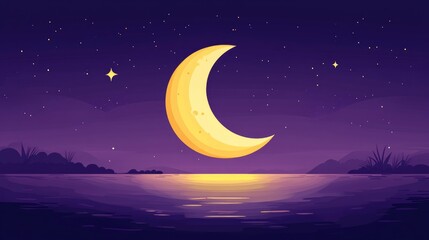 Naklejka premium Moon resting in a flat design against a purple backdrop