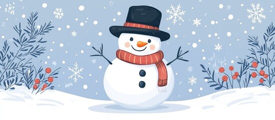 Fototapeta premium Cute snowman character wearing a black hat Celebrating Christmas and New Year Charming greeting card decor Flat illustration design