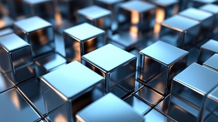 3D render featuring basic geometric shapes with reflective metal surfaces and cubes ideal for abstract or technology themed backgrounds