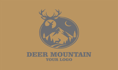 Deer logo with mountains, trees, sun, and text Deer Mountain for branding. Ideal for outdoor, vektor, background, adventure, or wildlifethemed businesses