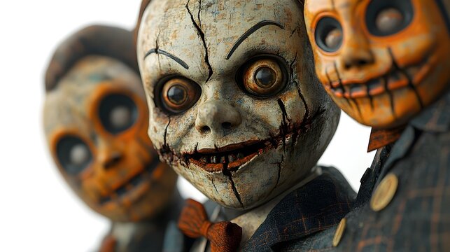 Possessed ventriloquist dummy with cracked face and Halloween party masks, unsettling atmosphere, digital art, isolated on white background