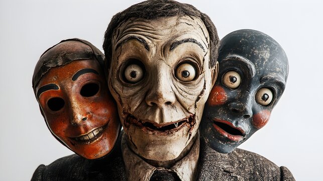 Possessed ventriloquist dummy with cracked face and Halloween party masks, unsettling atmosphere, digital art, isolated on white background