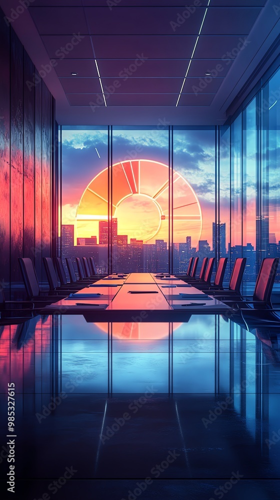 Poster empty boardroom with a city skyline view and a neon sunset through large windows.