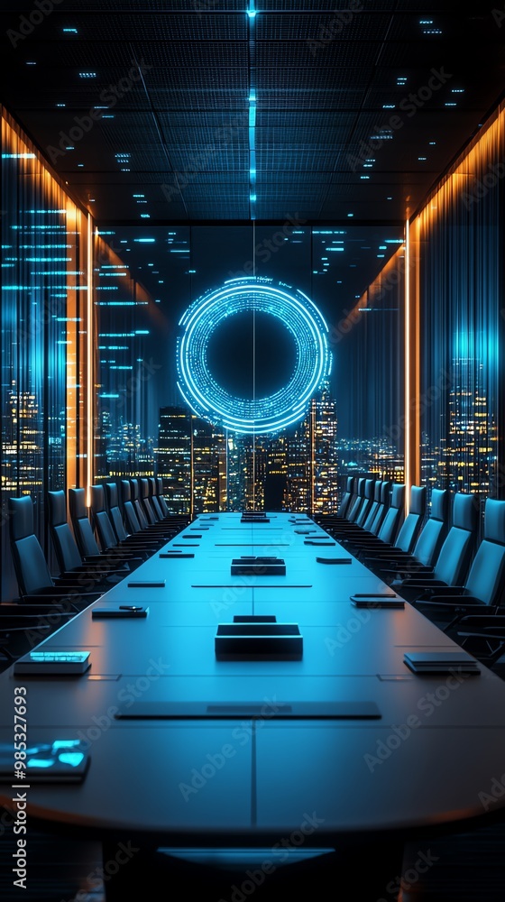 Poster empty conference room with a cityscape view and a futuristic glowing circle in the window.
