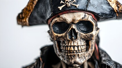 Fototapeta premium Skeletal pirate wearing a pirate hat and Halloween masks, gothic horror style, vibrant yet sinister, isolated on white background