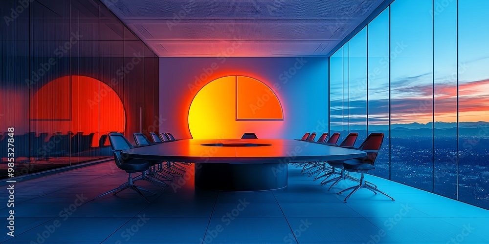 Poster empty conference room with large windows overlooking a city skyline at sunset, featuring a long tabl