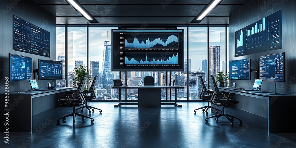 Poster Empty modern office with large windows overlooking a city skyline with several monitors displaying financial data, with black desks and chairs.