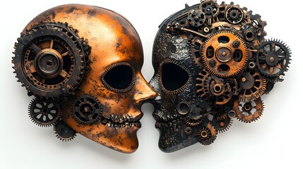 Fototapeta premium Steampunk gears and cogs merging with Halloween masks, mechanical and eerie design, vintage illustration, isolated on white background