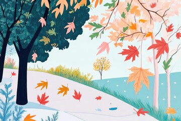 Illustration of Autumn Maple Leaves in a Park Scene