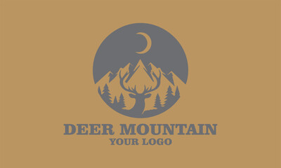 Deer logo with mountains, trees, sun, and text Deer Mountain for branding. Ideal for outdoor, vektor, background, adventure, or wildlifethemed businesses
