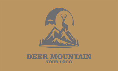 Deer logo with mountains, trees, sun, and text Deer Mountain for branding. Ideal for outdoor, vektor, background, adventure, or wildlifethemed businesses