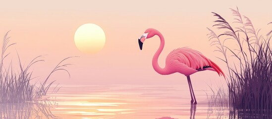 Fototapeta premium Pink Flamingo Standing in Water During Sunset