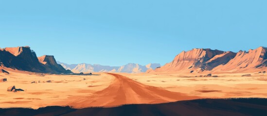 Fototapeta premium The brown road leading to a vast arid landscape is marked on the map